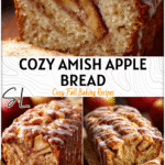 Golden loaf of Amish Apple Fritter Bread with baked cinnamon apples and icing glaze on top.